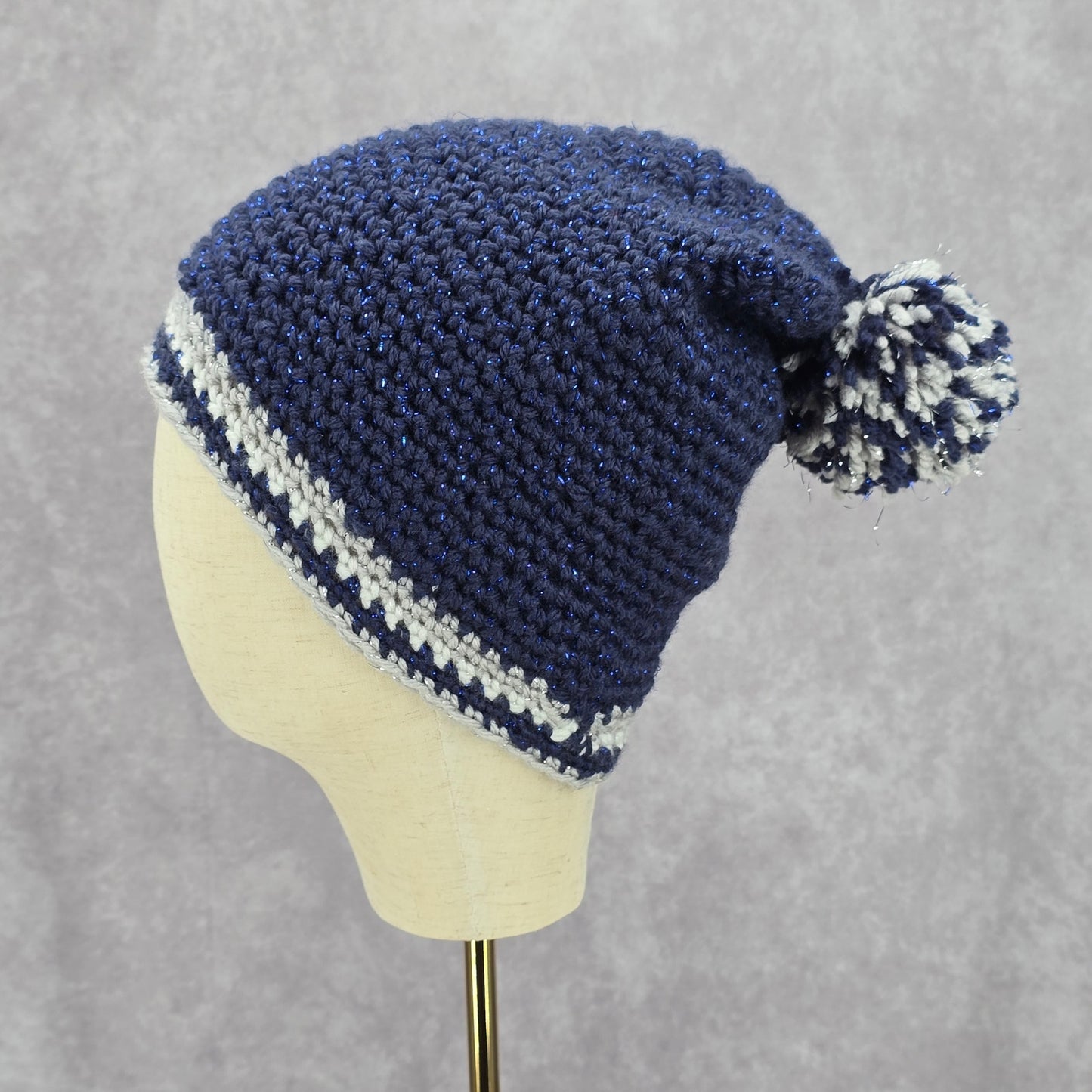 Navy Blue White Cable Pom Pom Bucket Knit Vintage Y2k Funky Beanie Crochet Hats