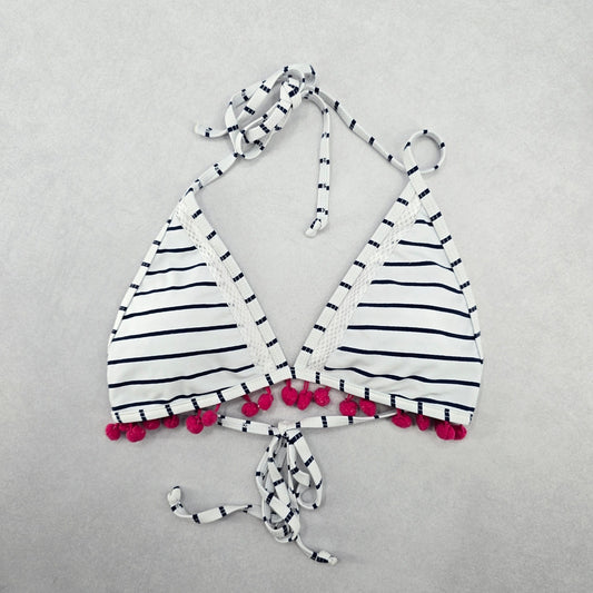 White Stripe Boho Pink Halter Tie Swim Sports Bra Beach Bikini Top M Medium