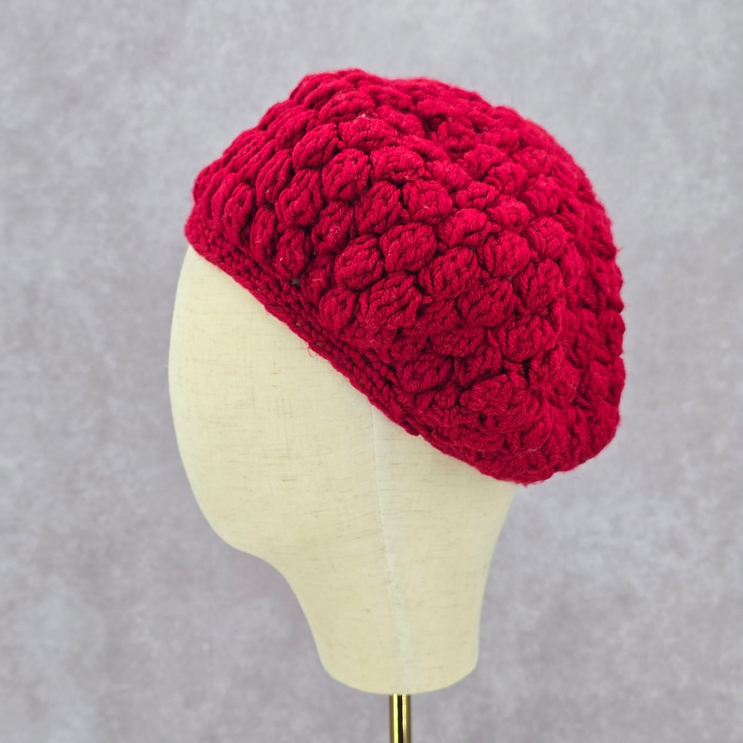 Red Crochet Beret Knit Bucket Cap Hat Fun Vintage Y2K Funky Beanie