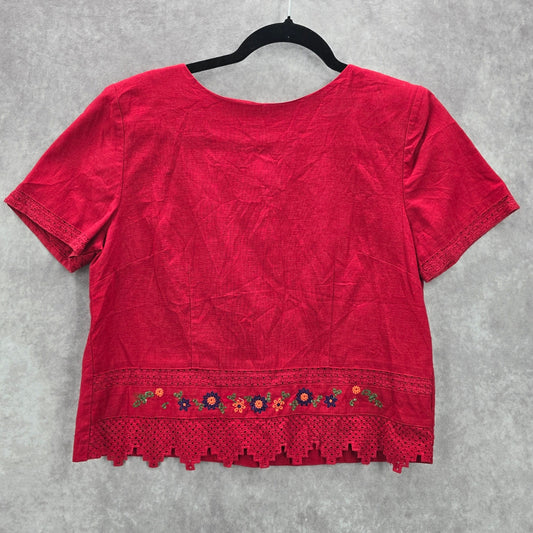 Sag Harbor Red Cotton Linen Floral Lace Crochet Vintage Y2K Blouse Top Medium 8P