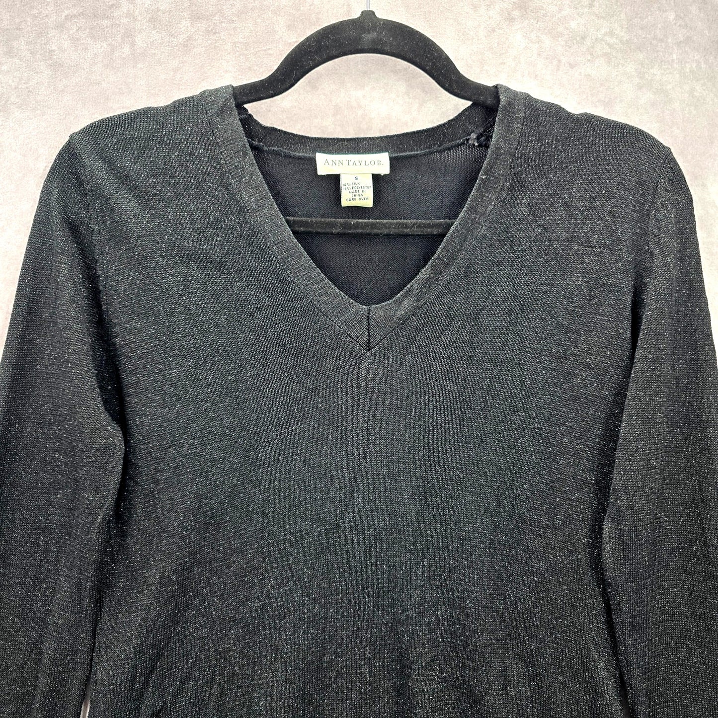 Ann Taylor Black Silver Metallic Long Sleeve Pullover Party Silk Sweater S Small