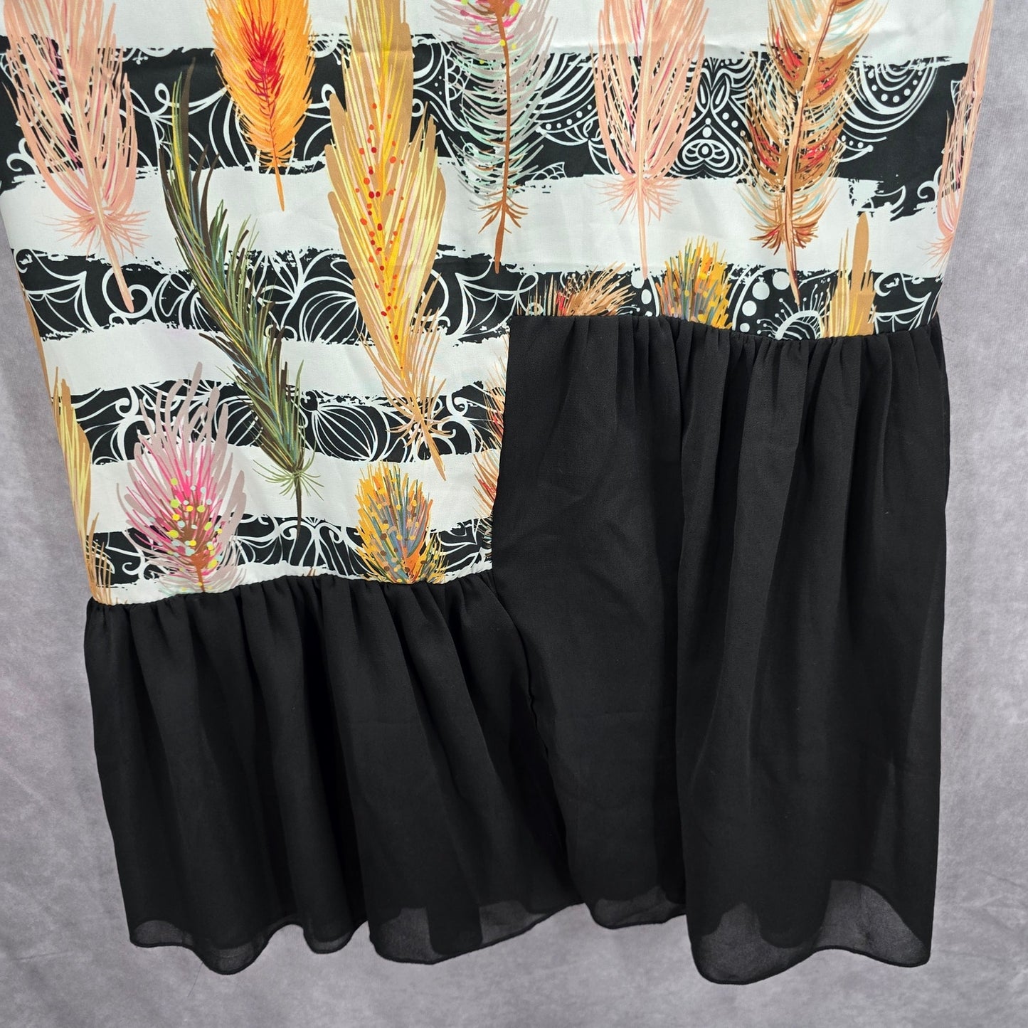 Takaya Siam Black Short Sleeve Maxi Feather Print Sheer Ruffle Dress Medium