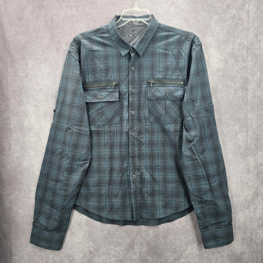 Calvin Klein One Jeans Blue Plaid Button Down Long Sleeve Work Casual Shirt XL