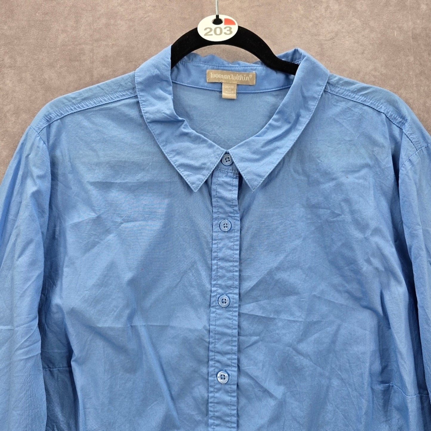 203. Woman Within Blue Button Down Flare Long Sleeve Cotton Top Plus 2X