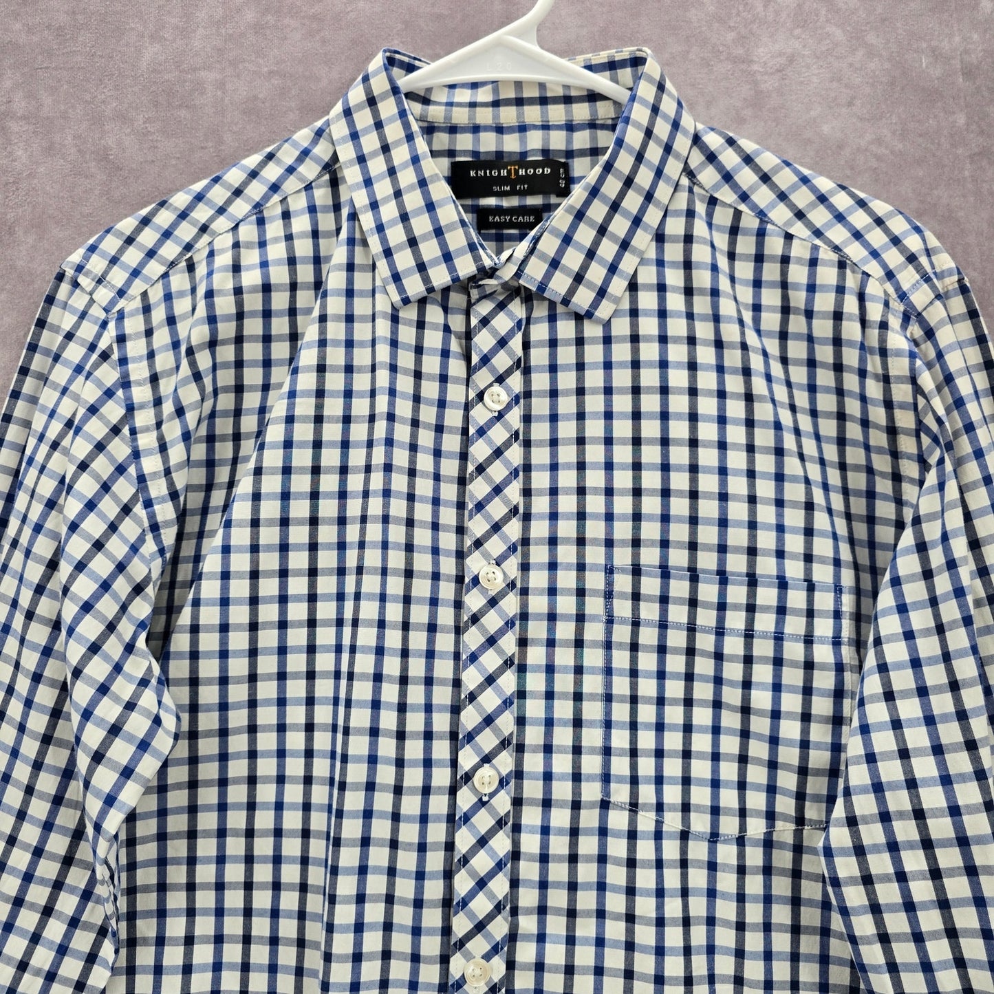 Knighthood Blue Checker Plaid Long Sleeve Button Down Slim Fit Mens Shirt Small