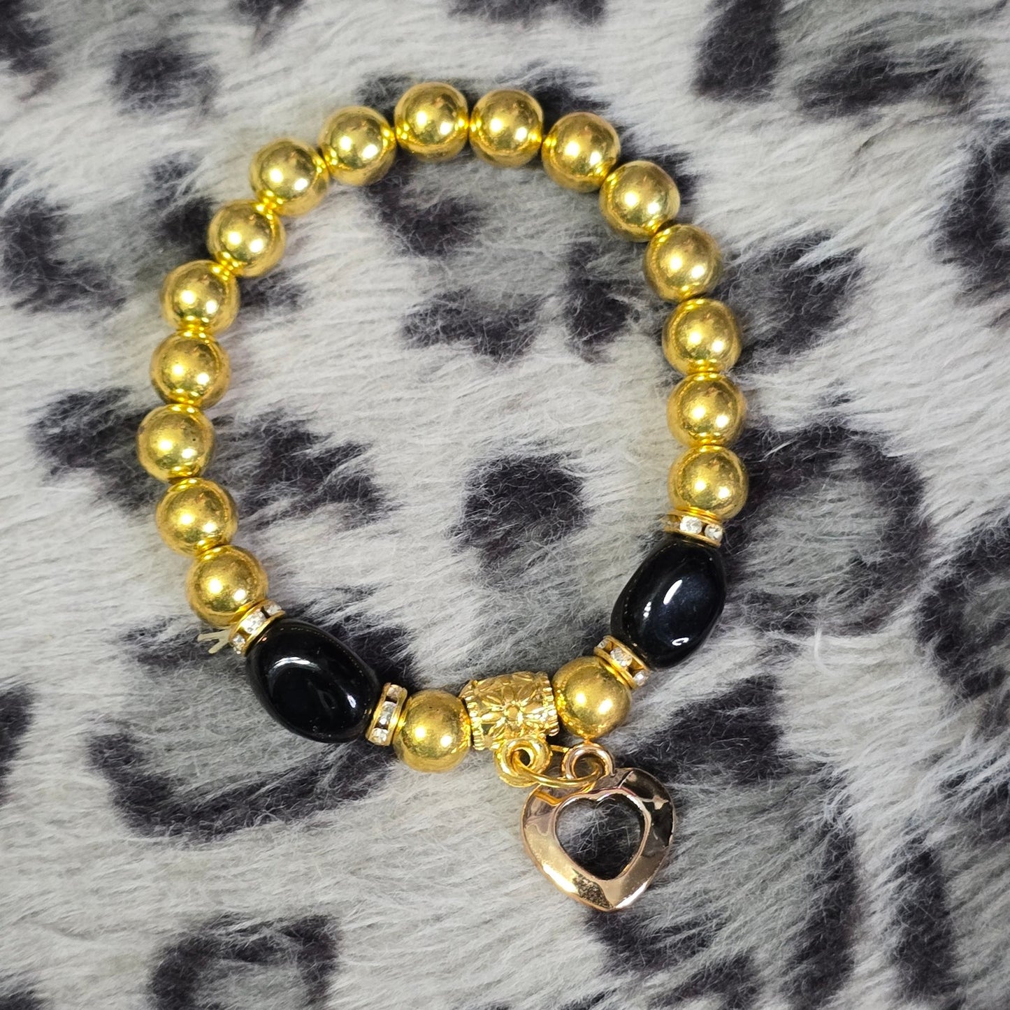 Gold Beaded Boho Style Elastic Bracelet Black Heart Charm Fashion Jewelry
