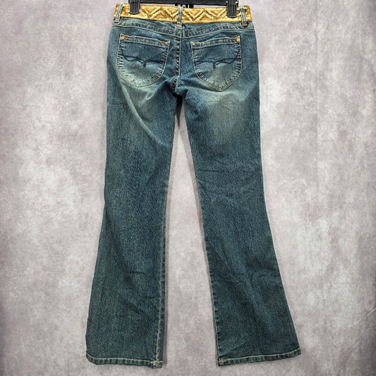 158. XOXO Blue Straight Bootcut Flare Gold Sequin Denim Pants Jeans 7/8