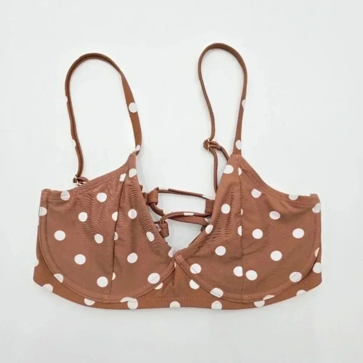 Time and Tru Brown Polka Dots Padded Adjustable Strap Bikini Top Swimwear Small
