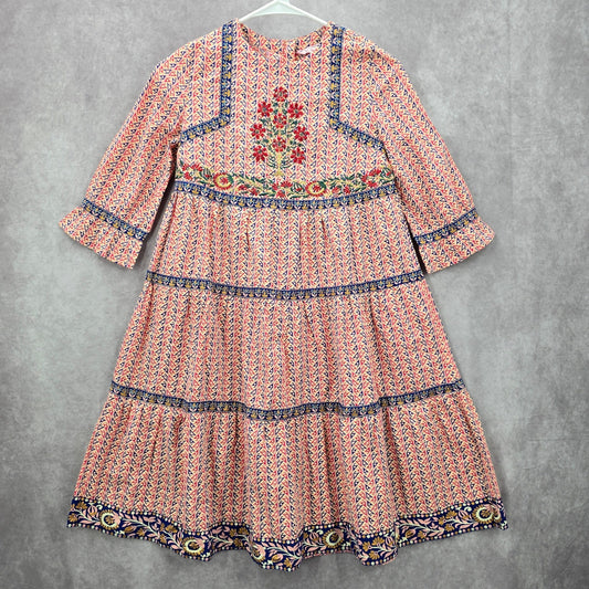 Yellow Pink Blue Long Sleeve Flare Floral Print Embroidered Cotton Dress 10