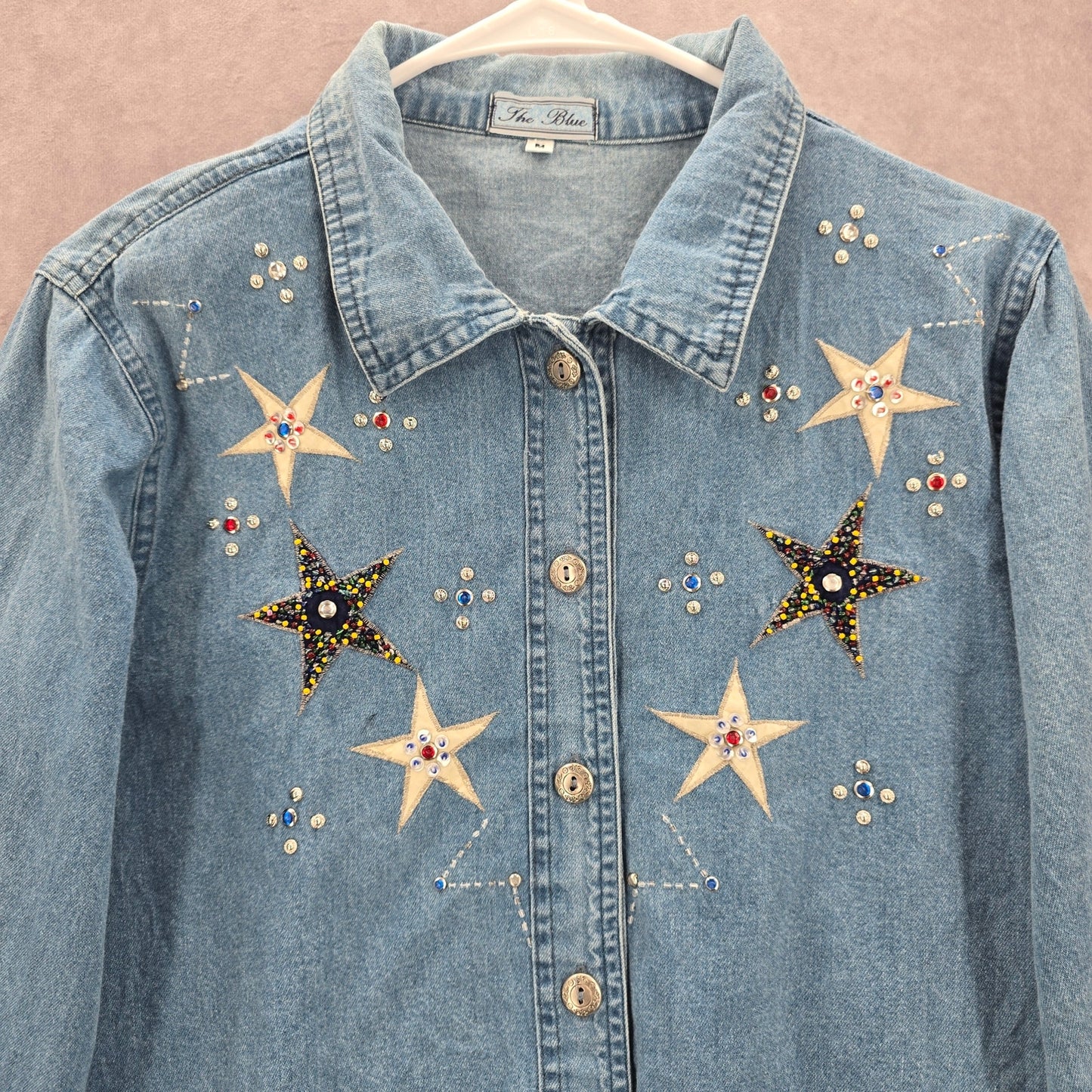 The Blue Stars Studded Rhinestone Button Up VTG Y2K Cotton Shirt Top Medium M