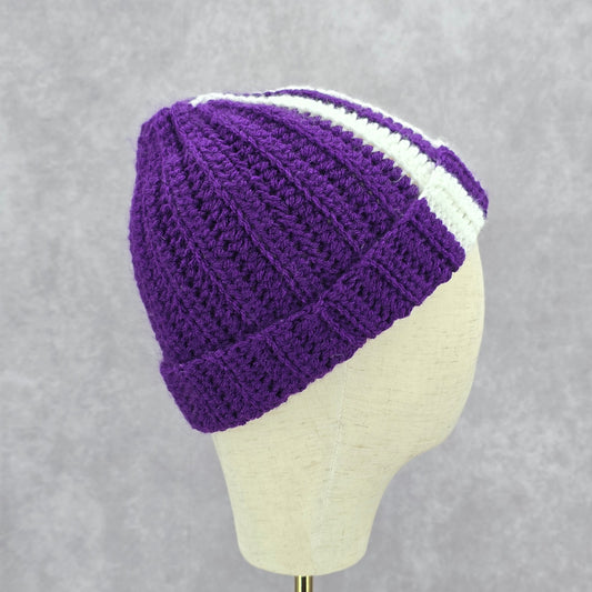 Purple White Stripe Crochet Knit Bucket Cap Hat Fun VTG Y2K Funky Beanie