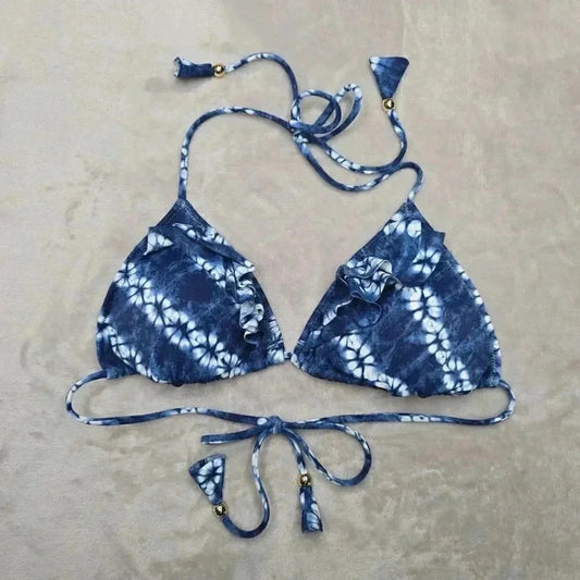 Victoria's Secret Blue White Bikini Top Tie Back Adjustable Swimwear Medium