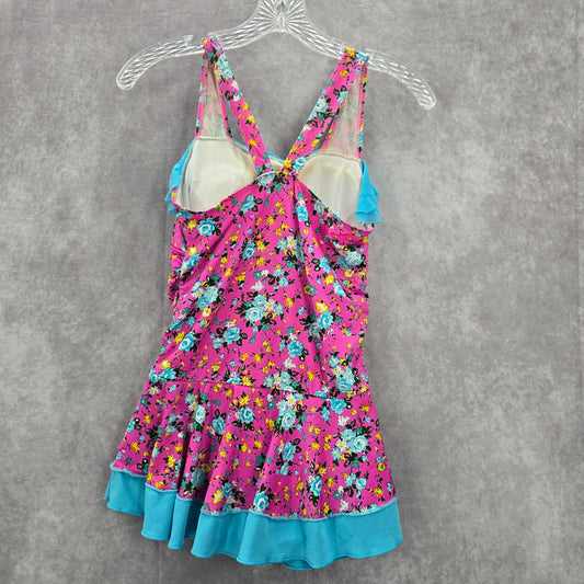 Pink Blue Floral Skort One Piece Ruffle Swim Junior Youth Boho Skirt Girls 16