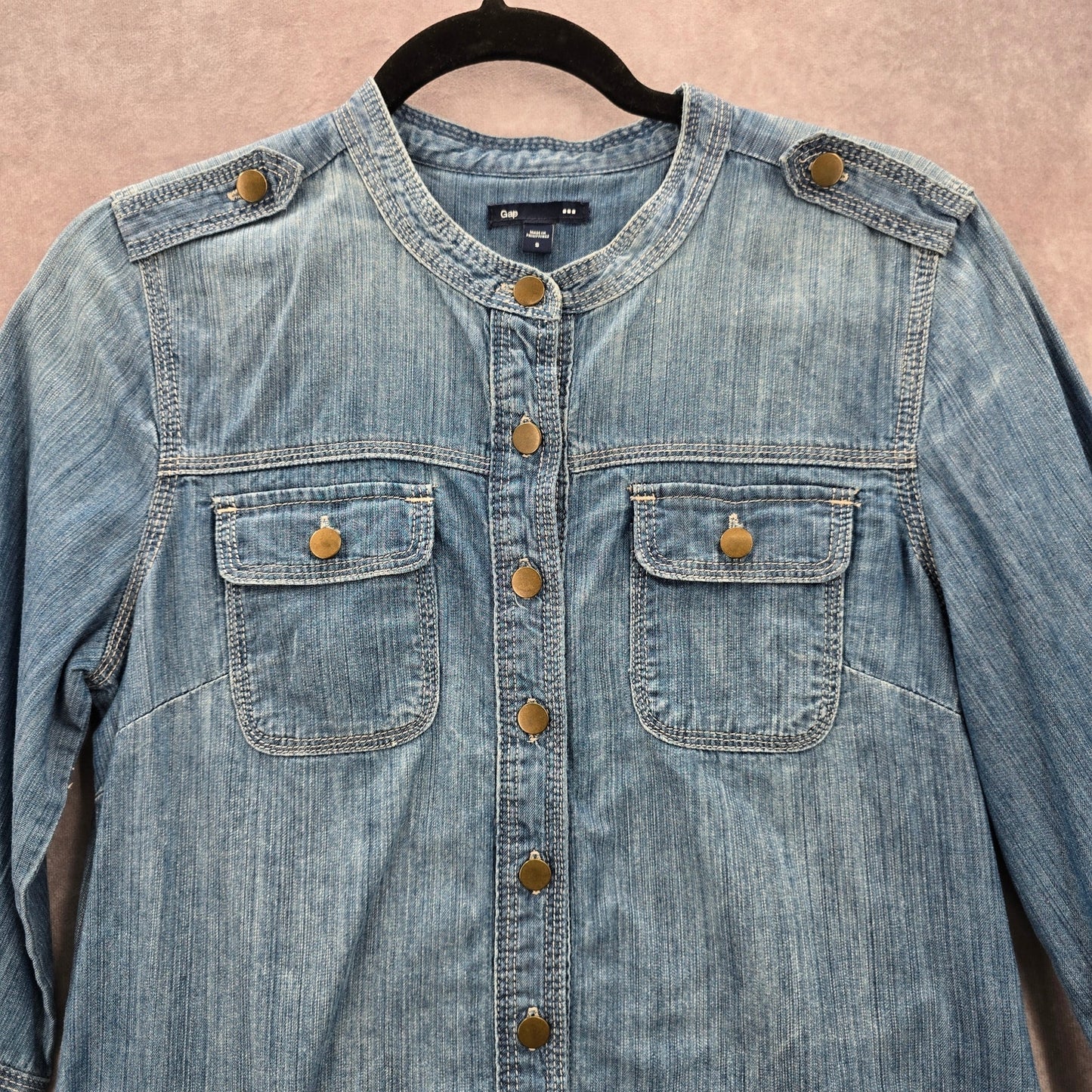 Gap Blue Demin Jeans Cotton Western Shirt Short Sleeve Top Small