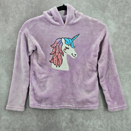 BCBG Girls Purple Fleece Sequin Unicorn Pullover Sweater Hoodie Size 7/8 NWOT