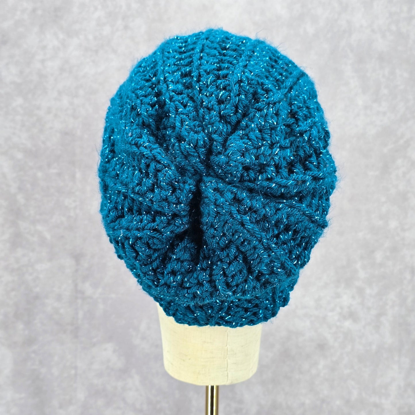 Blue Metallic Crochet Knit Bucket Cap Hat Fun Vintage Y2K Funky Beanie
