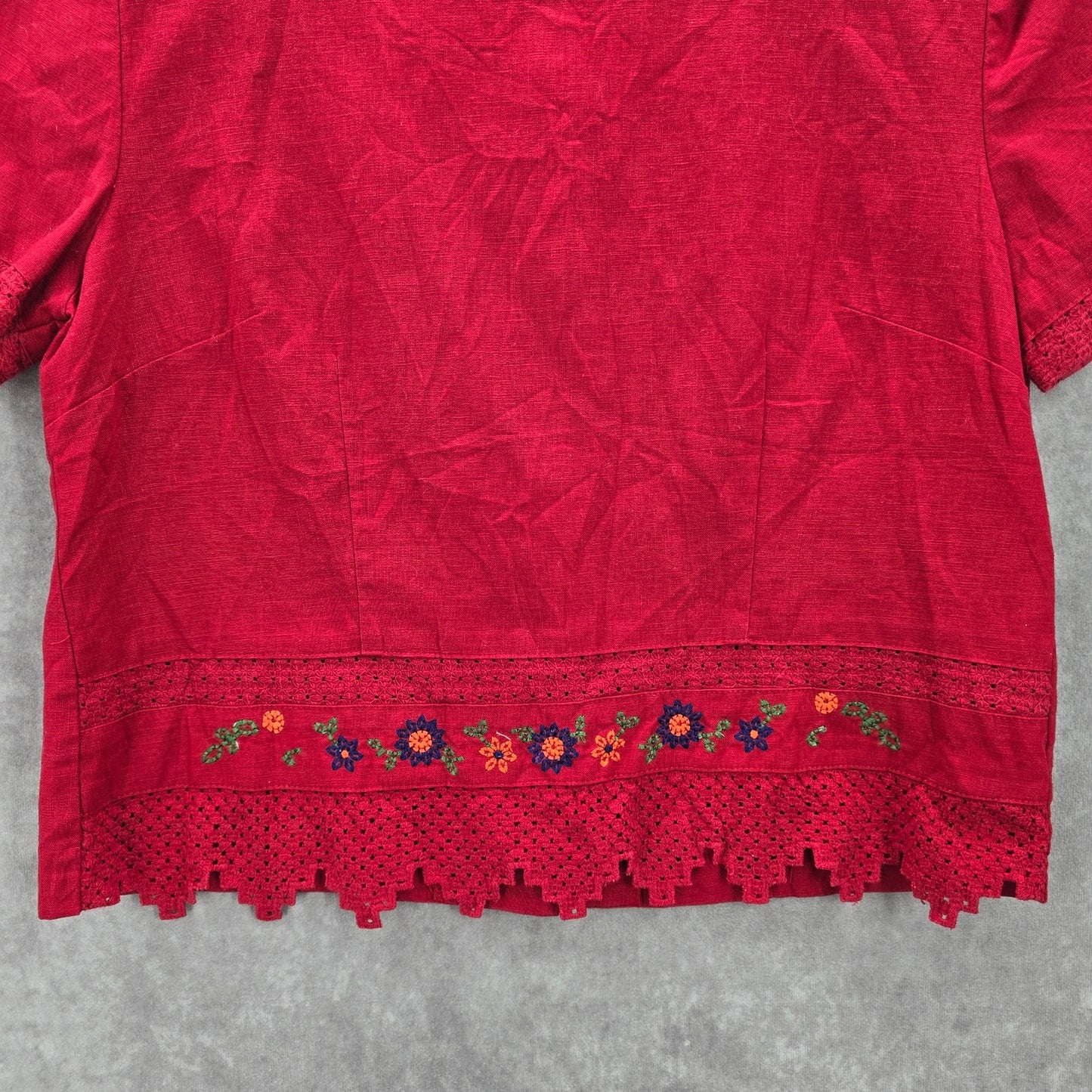 Sag Harbor Red Cotton Linen Floral Lace Crochet Vintage Y2K Blouse Top Medium 8P