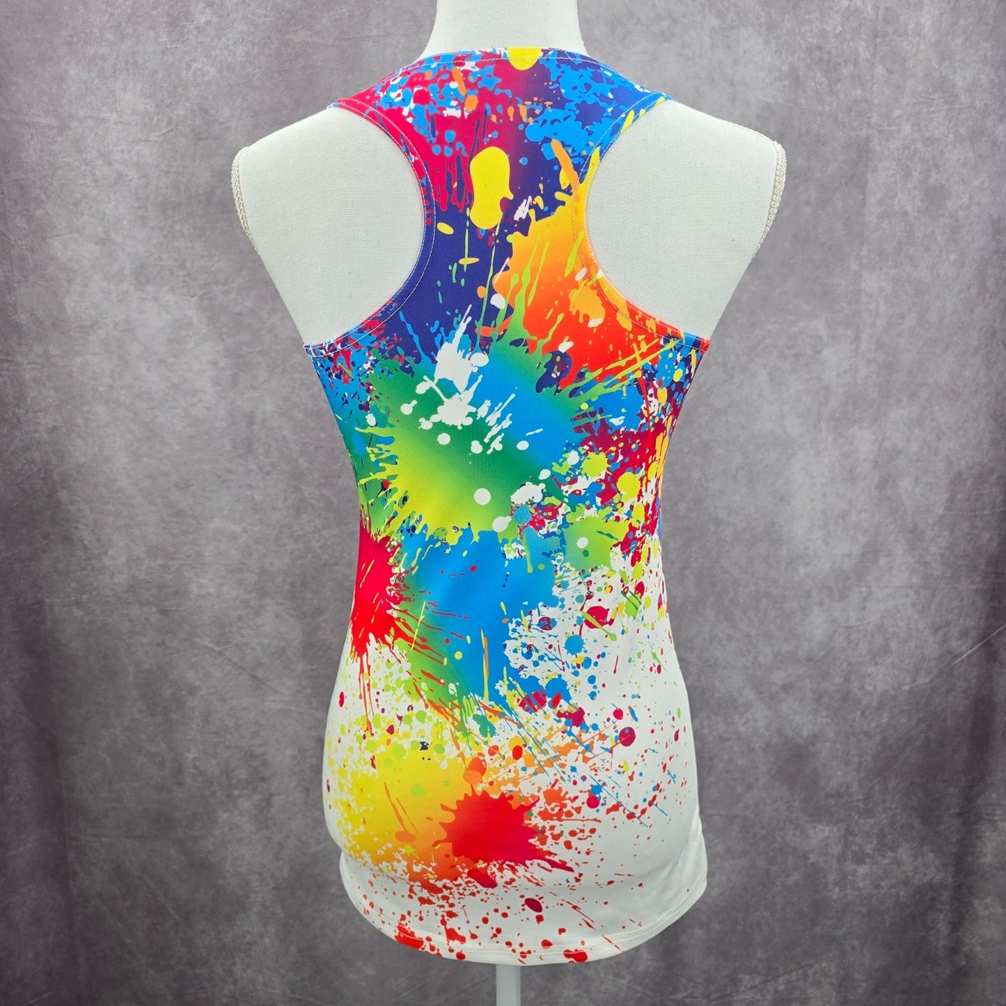 White Racerback Color Blast Activewear Retro Funk Paint Splash Tank Top Small
