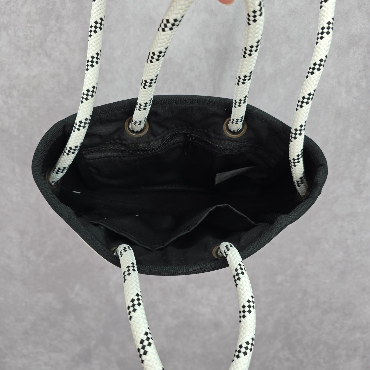 Jimelia White Black Neoprene Rope Small Crossbody With Zipper Pouch