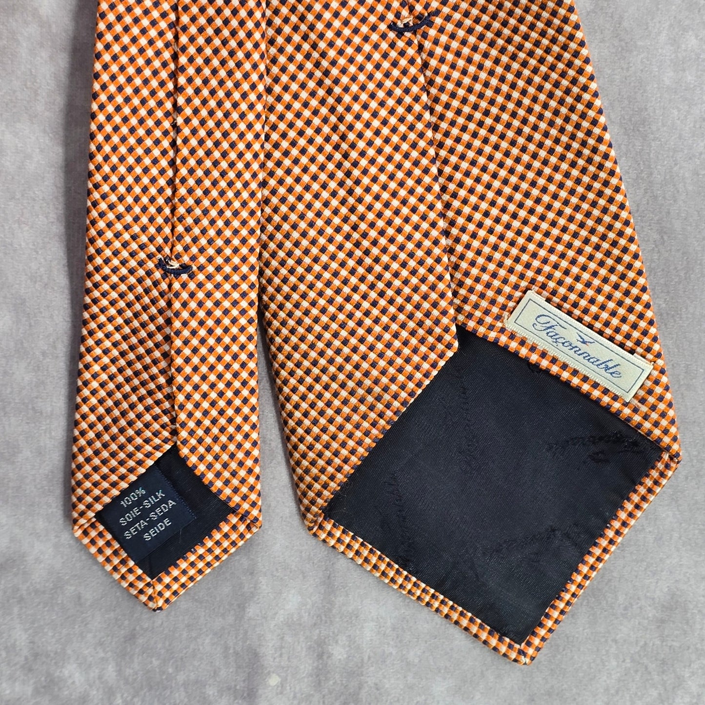 Faconnable Orange Blue Plaid 100% Silk Executive Corporate Men's Neck Tie