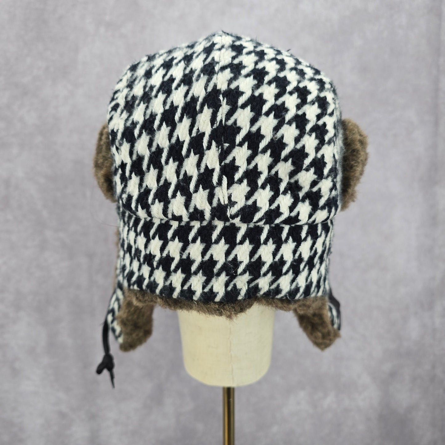 Mudd Black Aviator Trapper Fux Houndstooth Earmuff Buckle Pilot Cap Bucket Hat