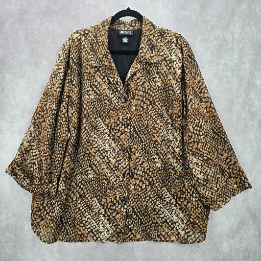 022. Maggie Barnes Brown Animal Print Button Down Short Blouse Top Plus 32W