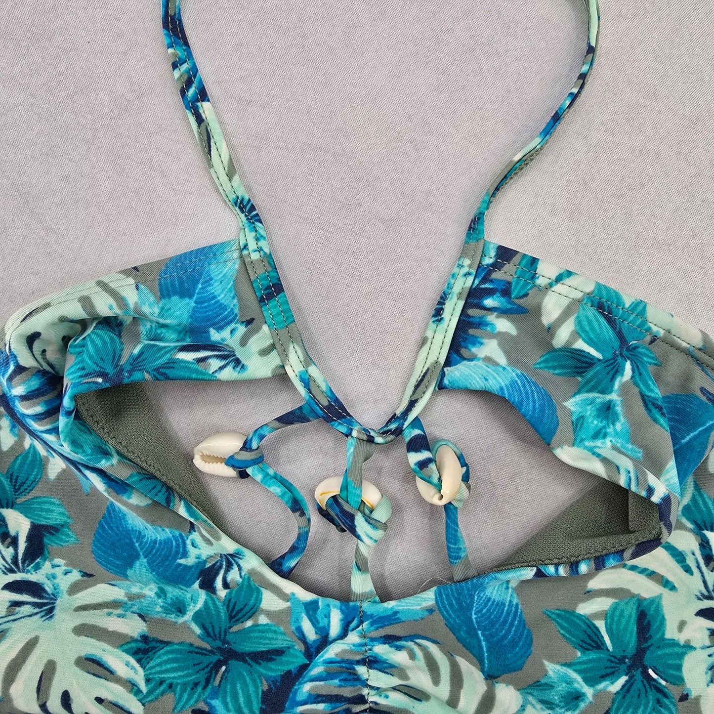 Reel Legends Blue Tropical Shell Tie Swim Sports Bra Beach Bikini Top M Medium