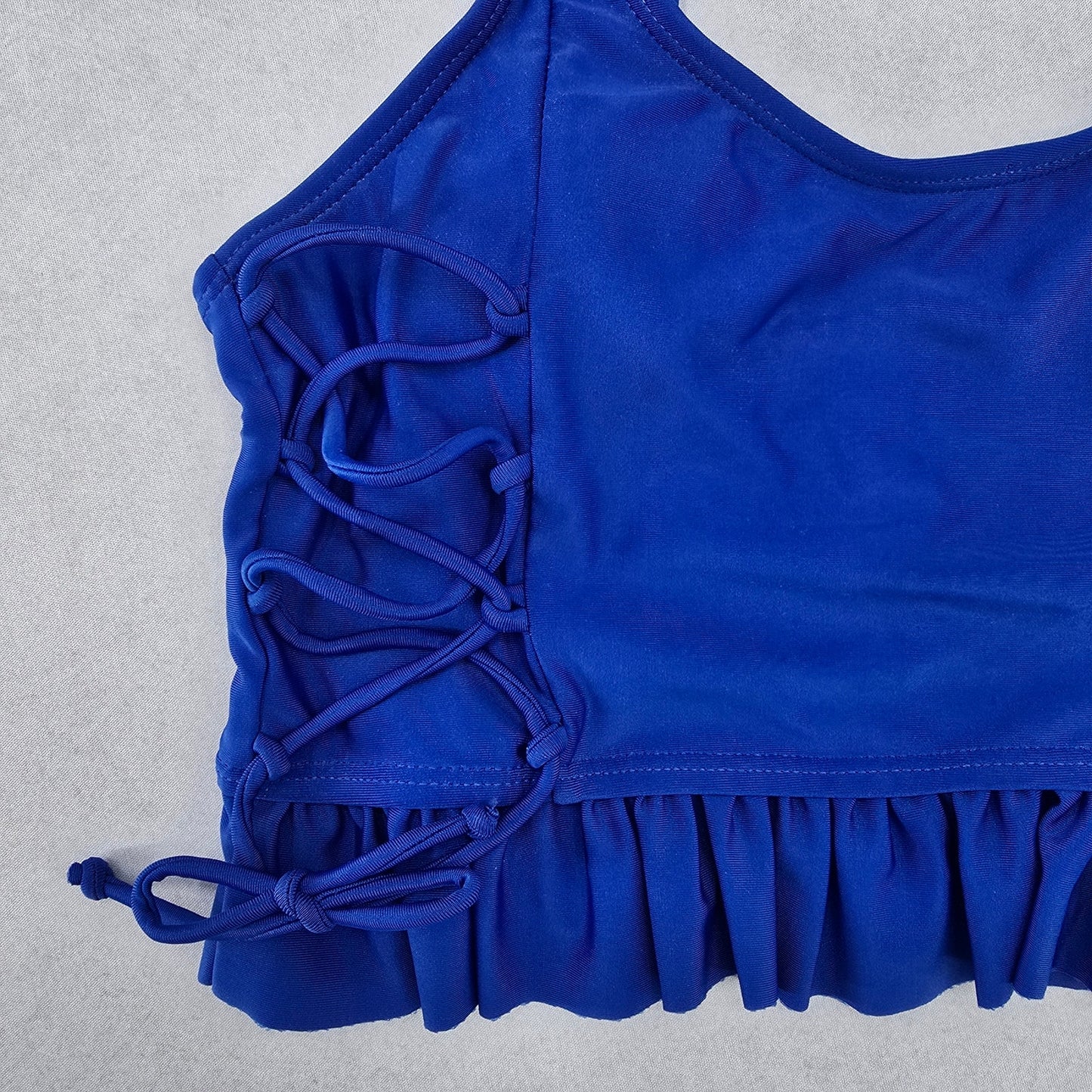 Blue Crisscross Ties Crop Padded Ruffle Beach Bikini Bralette Swim Top S Small
