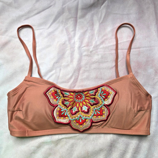 Mae Pink Mauve Floral Embroidered Padded Adjustable Bikini Top XS