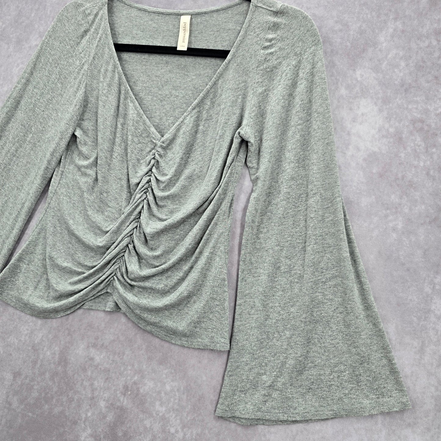 Peppermint Gray Ruched Flare Wide Long Sleeve Y2K Cropped Top Small