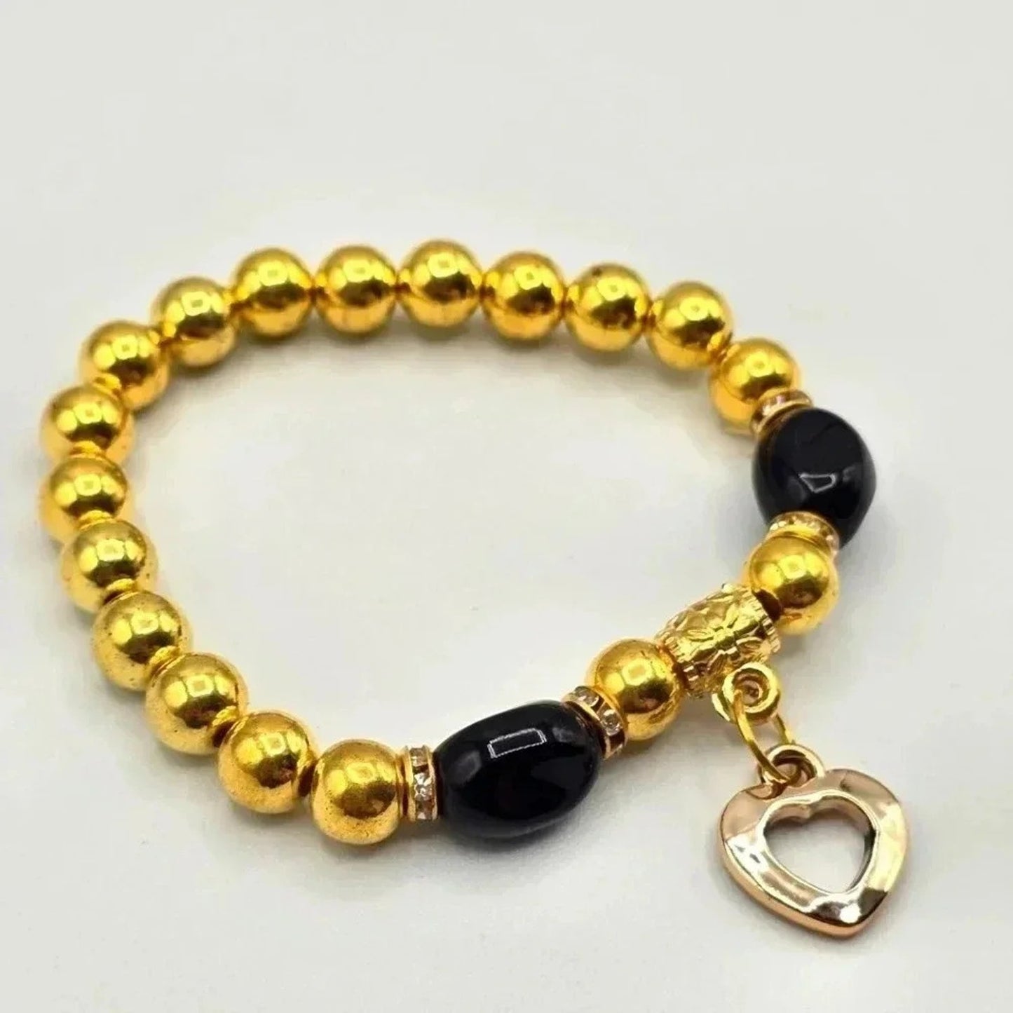 Gold Beaded Boho Style Elastic Bracelet Black Heart Charm Fashion Jewelry