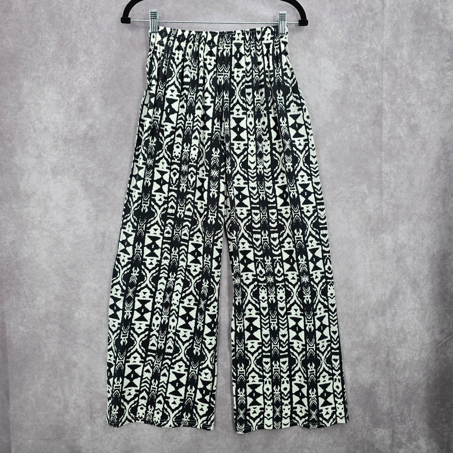 Black White Wide Leg Pullon Boho Beach Funky Print Bottoms Pants Medium