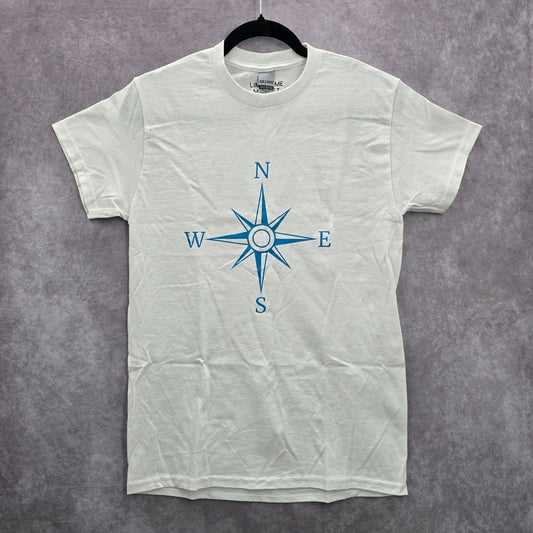 Compass Blue Handmade White Cotton Boho Tshirt Small