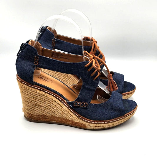GH Bass Krista Denim Espadrille Wedge Heel Open Toe Tie Front Zipper Size 7.5
