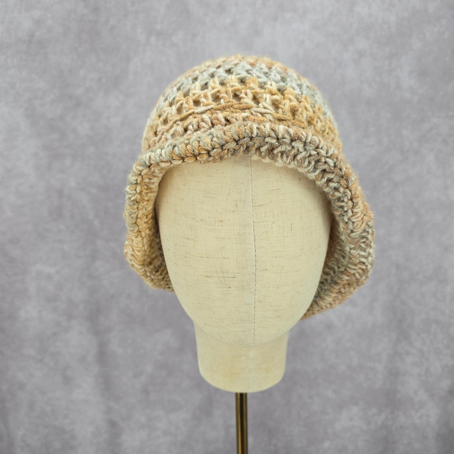 Cream Gray Crochet Knit Bucket Cap Hat Fun VTG Y2K Funky Beanie