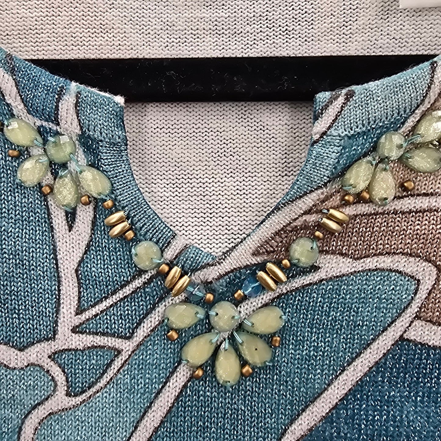 Alfred Dunner Blue Floral Short Sleeve Cotton Beaded Shirt Top Petite Medium