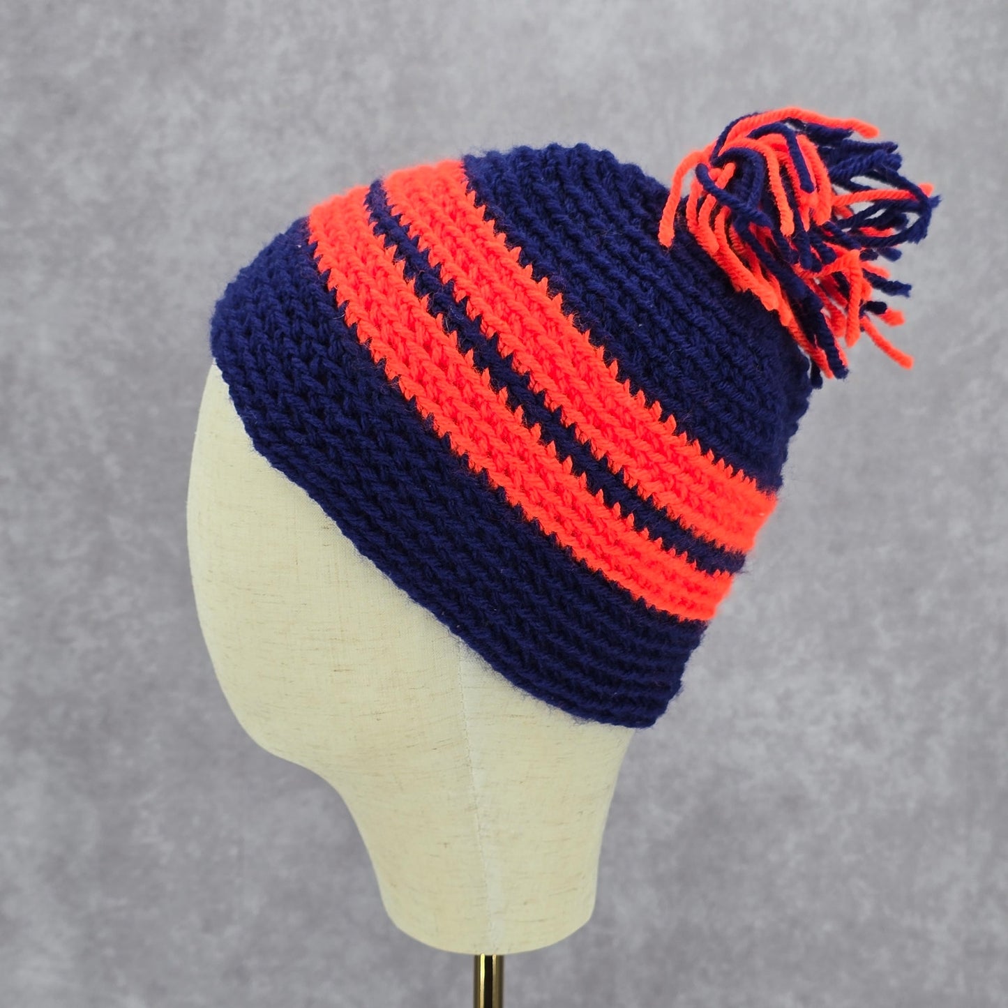 Blue Orange Stripe Pom Pom Crochet Knit Bucket Cap Hat Fun VTG Y2K Funky Beanie