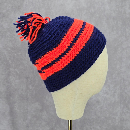 Blue Orange Stripe Pom Pom Crochet Knit Bucket Cap Hat Fun VTG Y2K Funky Beanie