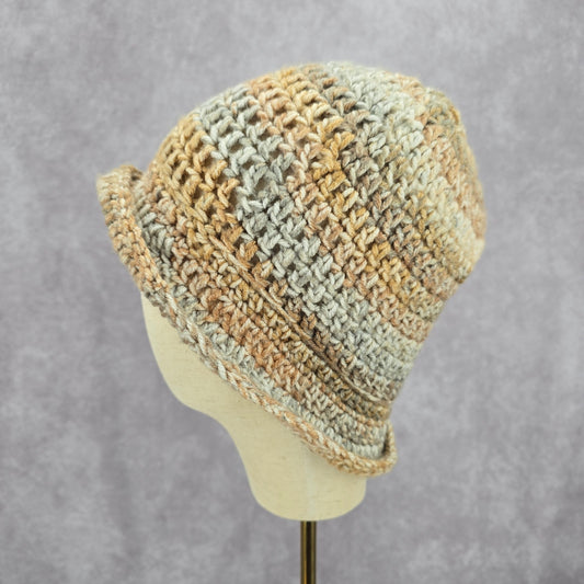 Cream Gray Crochet Knit Bucket Cap Hat Fun VTG Y2K Funky Beanie
