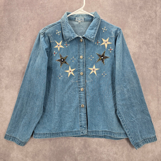 The Blue Stars Studded Rhinestone Button Up VTG Y2K Cotton Shirt Top Medium M