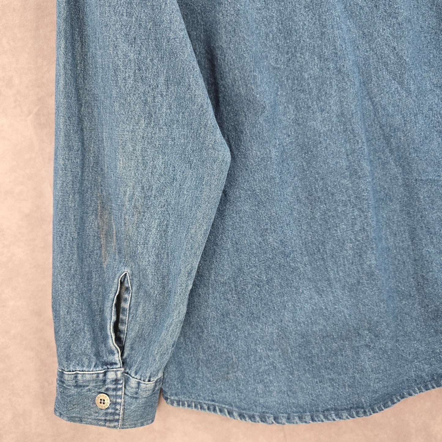 DressBarn Blue Embroidered Scarecrows VTG Button Y2K Cotton Denim Shirt L Large