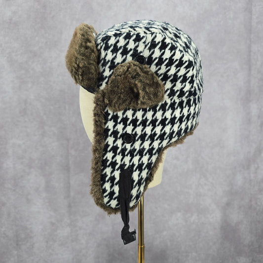 Mudd Black Aviator Trapper Fux Houndstooth Earmuff Buckle Pilot Cap Bucket Hat