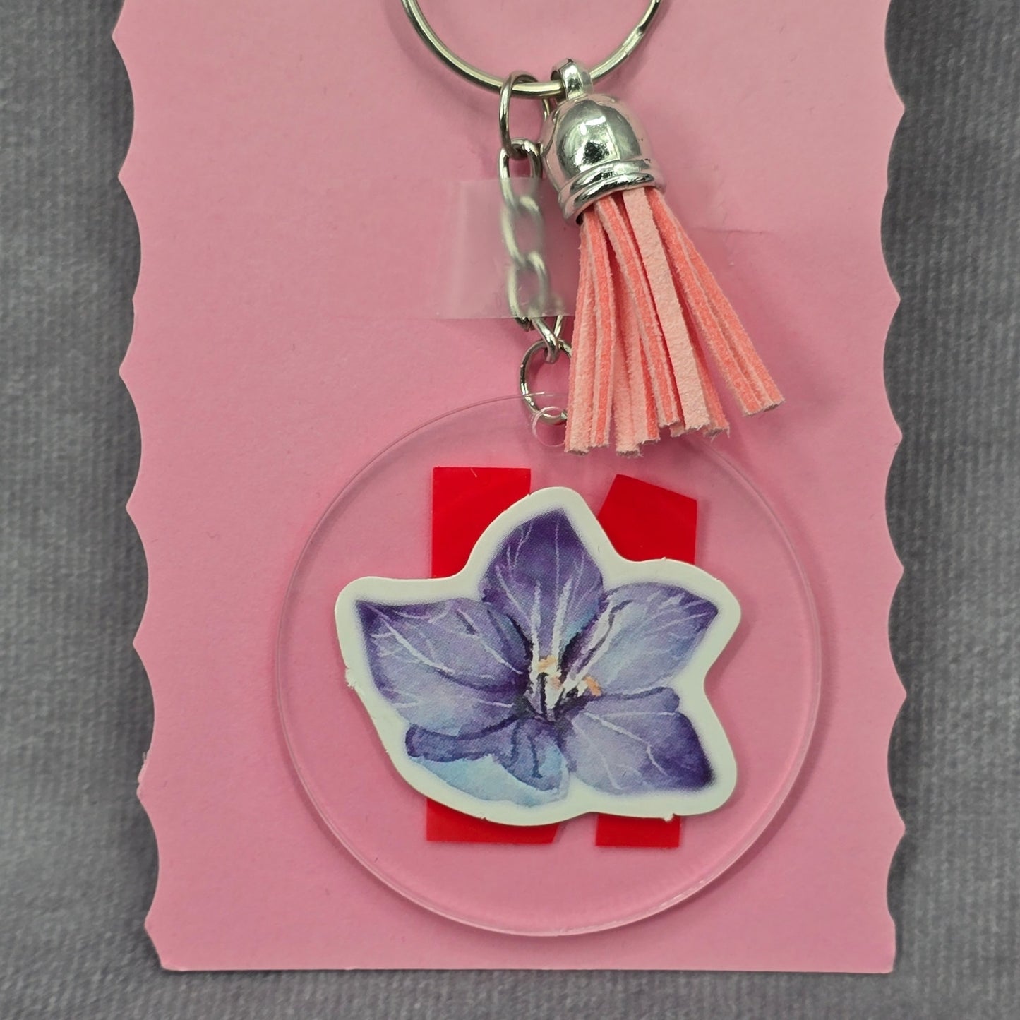 Letter Keychain Clear Silver Circle Handmade Acrylic Tassel Flower N Pink