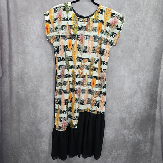 Takaya Siam Black Short Sleeve Maxi Feather Print Sheer Ruffle Dress Medium