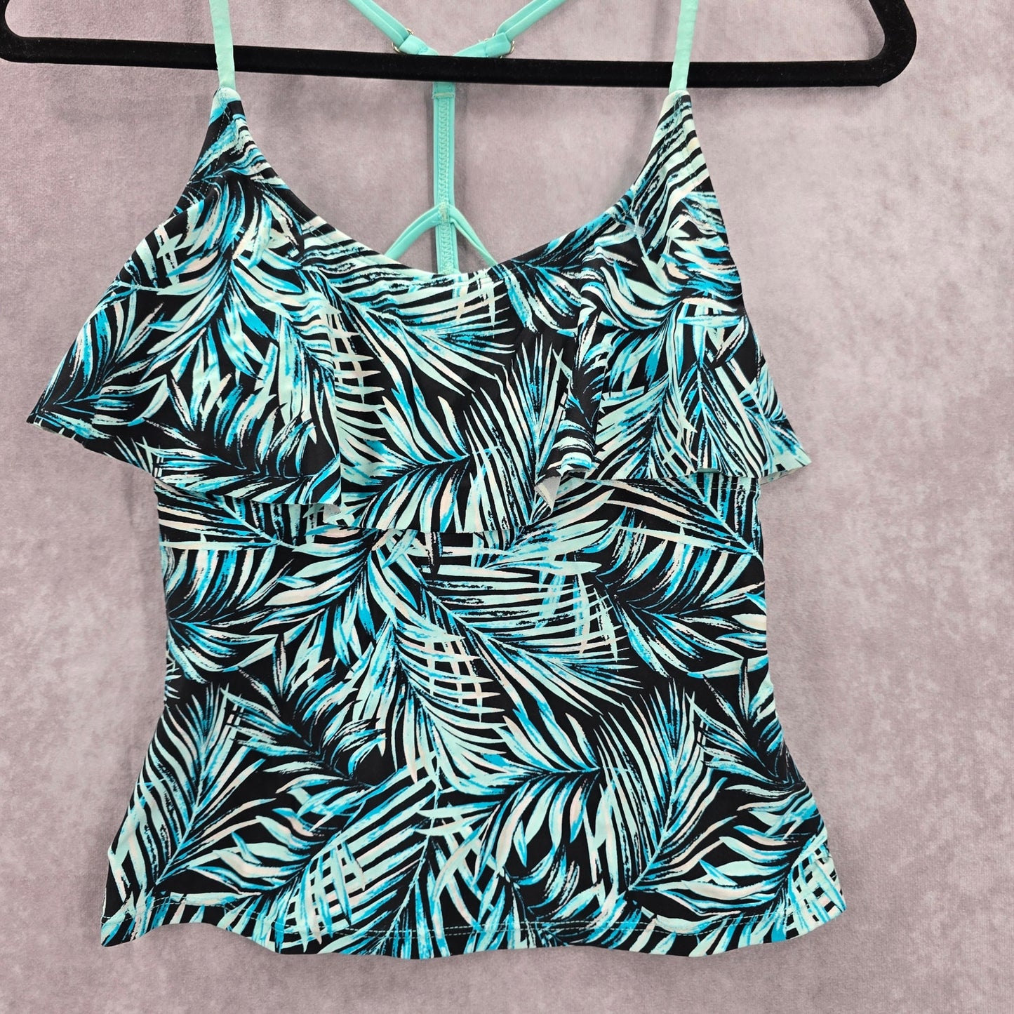 Blue Floral Tropical Ruffle Padded Straps Racerback Swimwear Tankini Top S Small