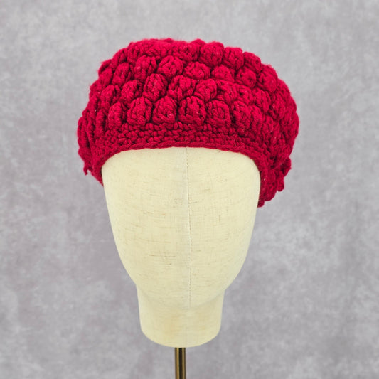 Red Crochet Beret Knit Bucket Cap Hat Fun Vintage Y2K Funky Beanie