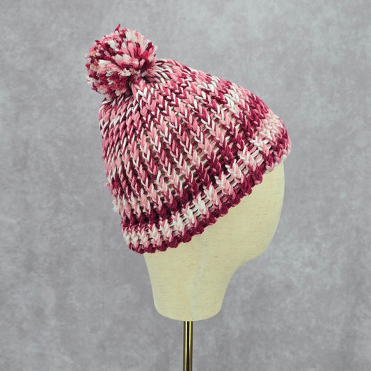 Red Pink Pom Pom White Cable Knit Vintage Y2k Funky Beanie Crochet Cap Hat