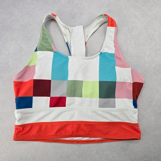 White Geometric Padded Racerback Zip Sports Bra Bikini Bralette Swim Top S Small