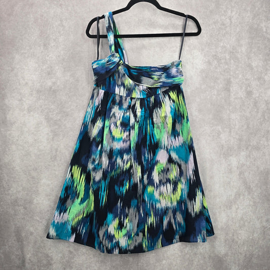 Ann Taylor Blue Green Thick One Shoulder Mini Midi Flare Abstract Dress XS 2