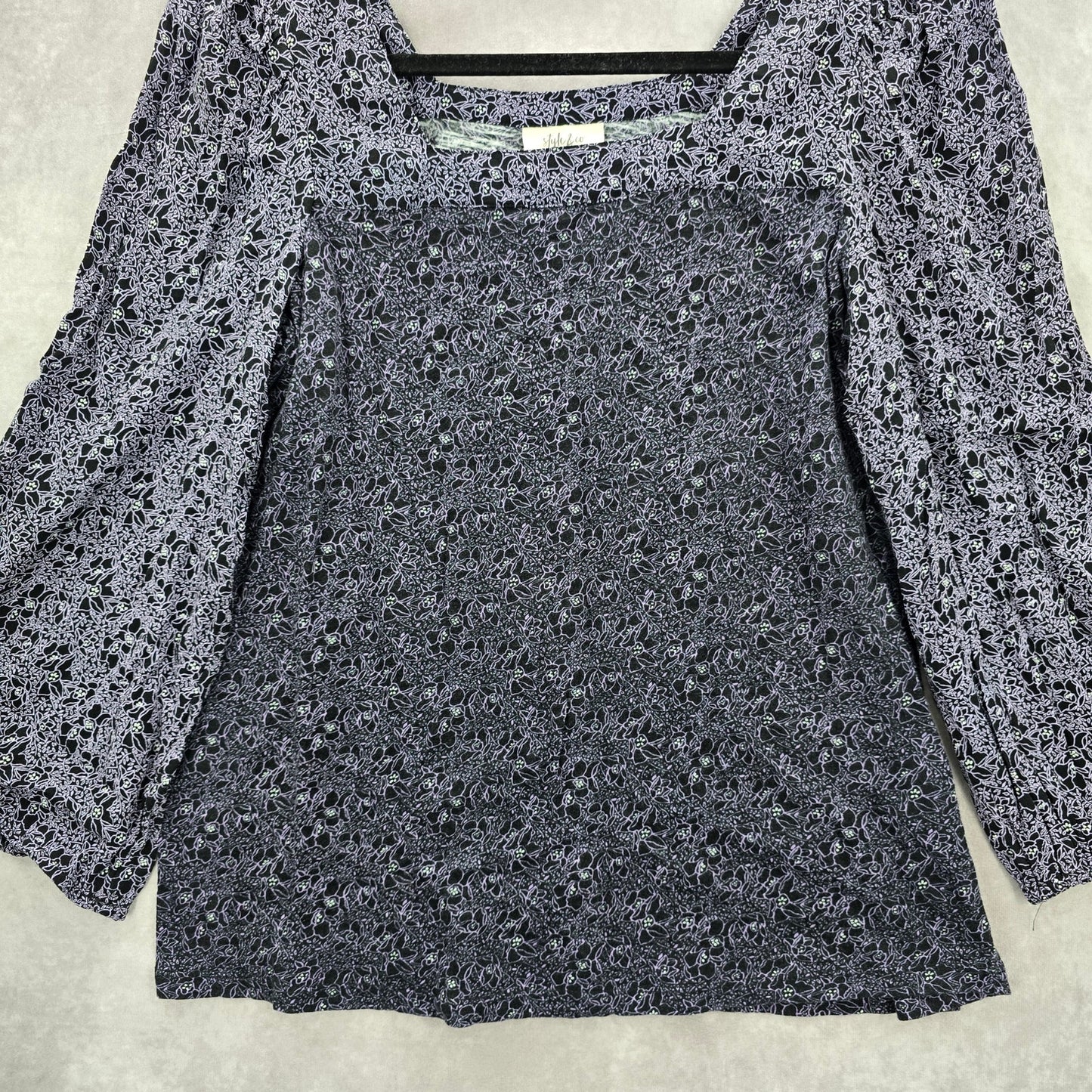Style & Co Purple Black Floral Long Sleeve Flare Top Shirt Blouse Medium
